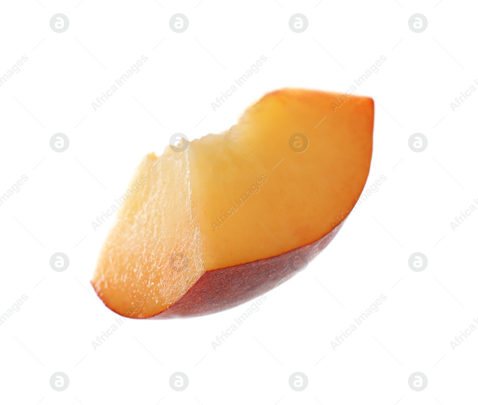 Photo of Slice of sweet juicy peach on white background