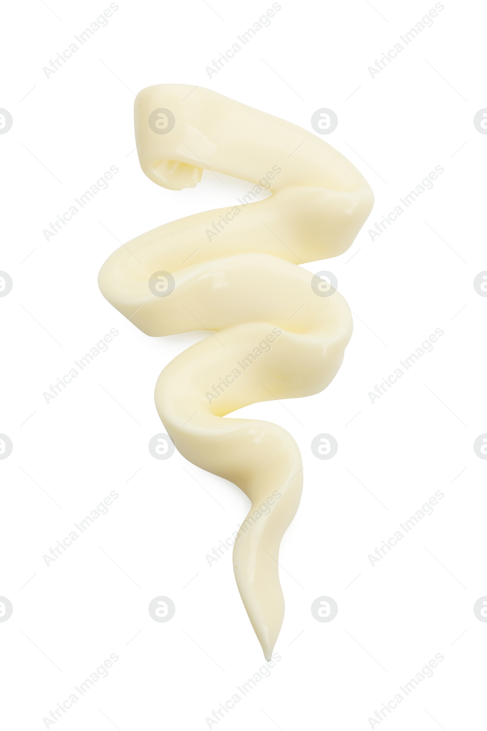 Photo of Fresh mayonnaise sauce isolated on white, top view