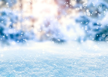 Image of Beautiful fluffy snow, bokeh effect. Winter season 