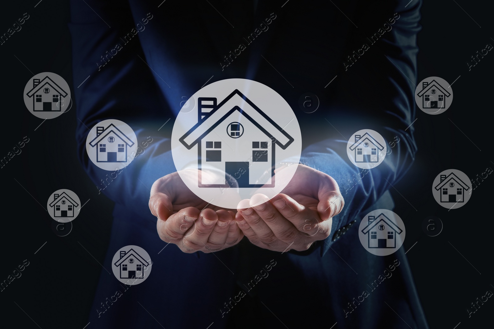 Image of Property search concept. Man demonstrating house illustration, closeup