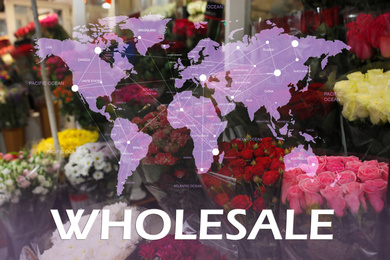 Wholesale business. World map and blurred assortment of flowers on background