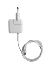 Photo of USB charger isolated on white, top view. Modern technology