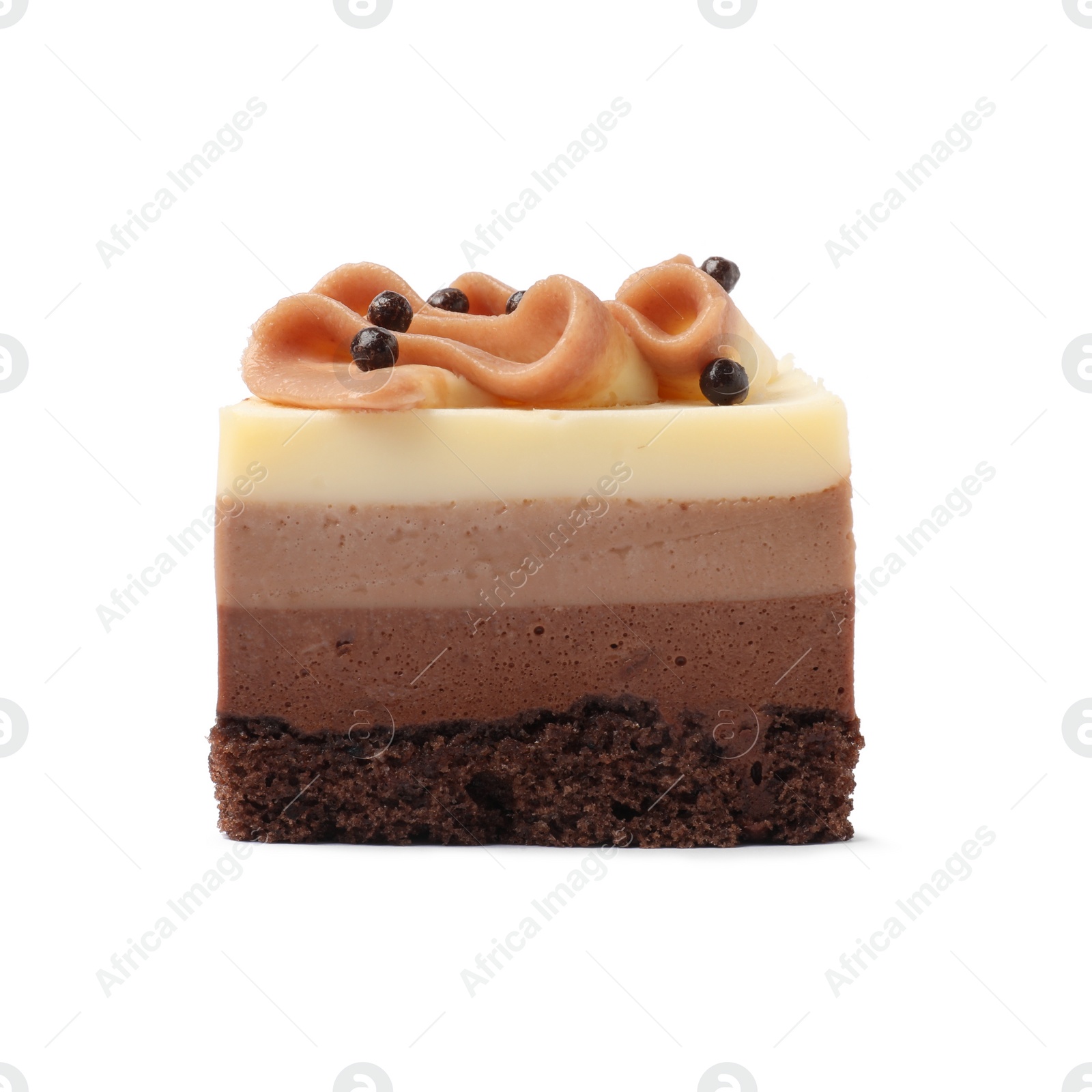Photo of Piece of triple chocolate mousse cake on white background