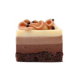 Piece of triple chocolate mousse cake on white background