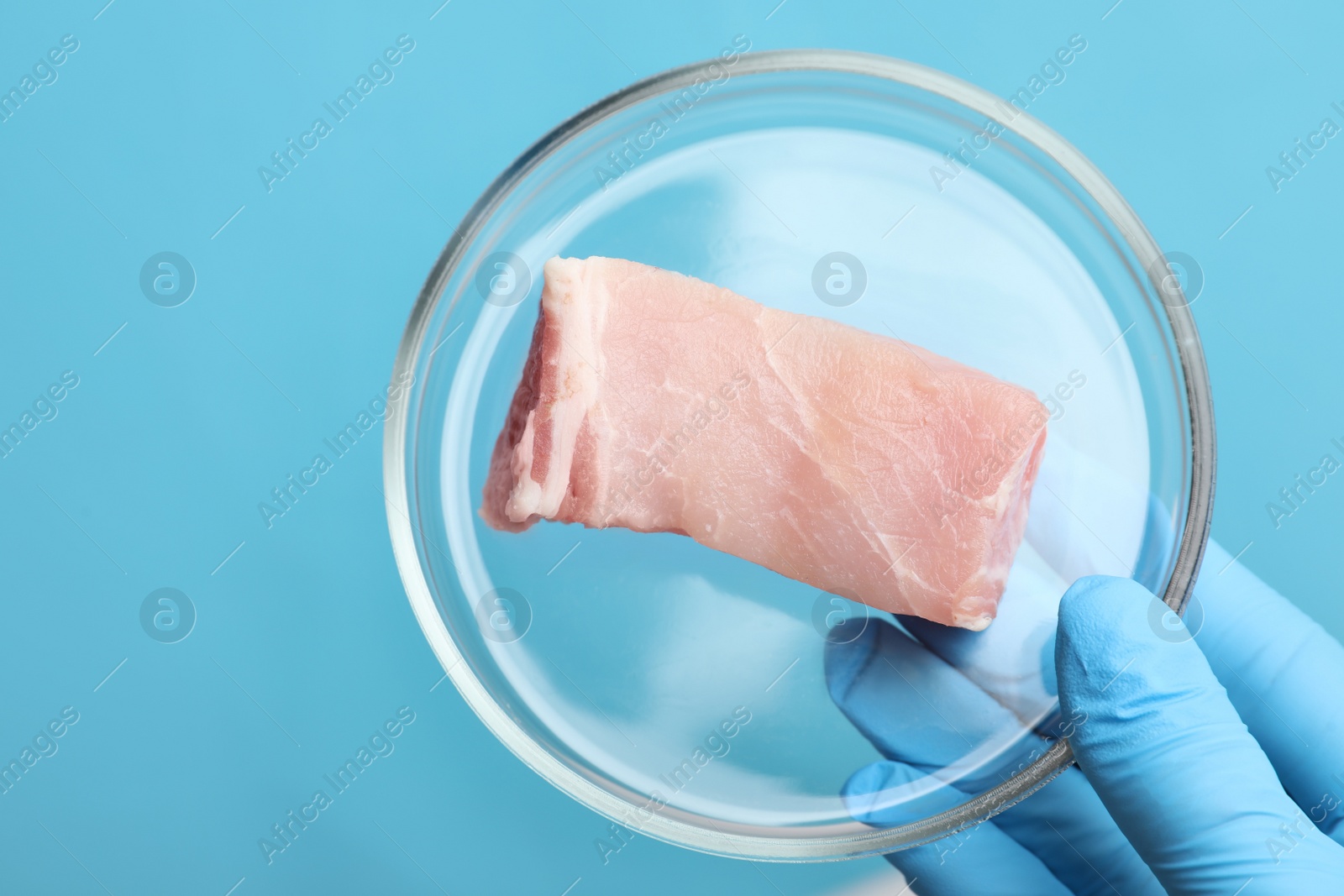 Photo of Scientist holding Petri dish with lab grown meat on light blue background, closeup