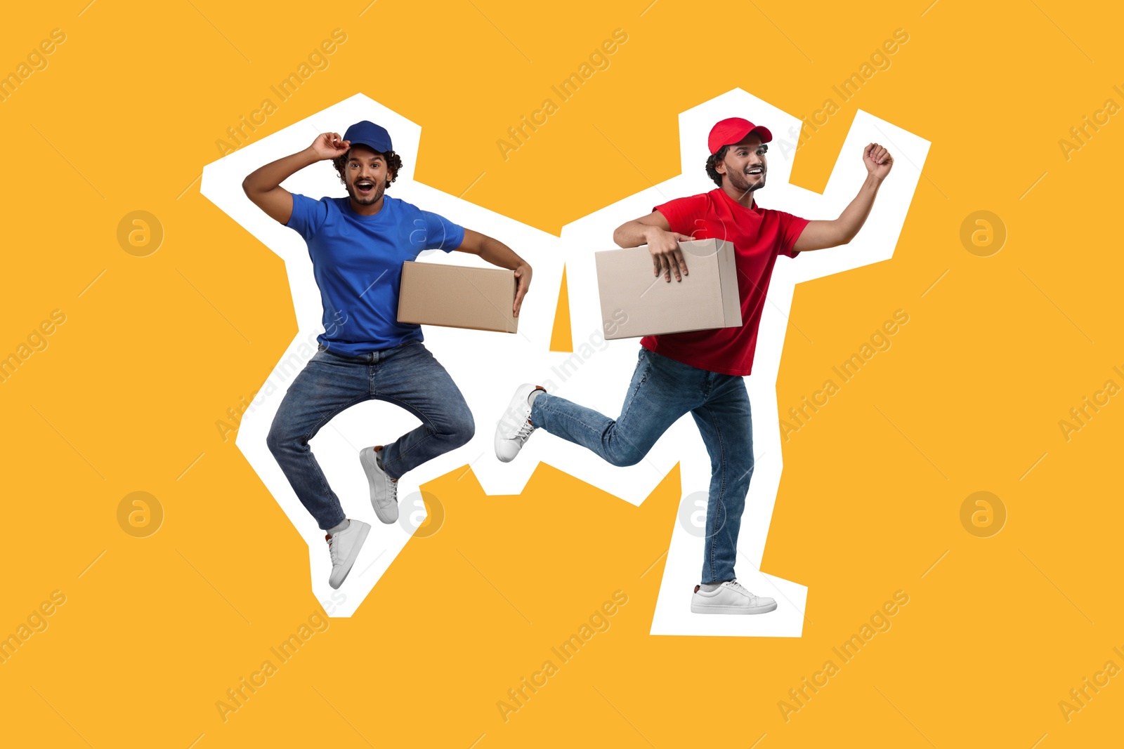 Image of Happy courier with parcels on orange background