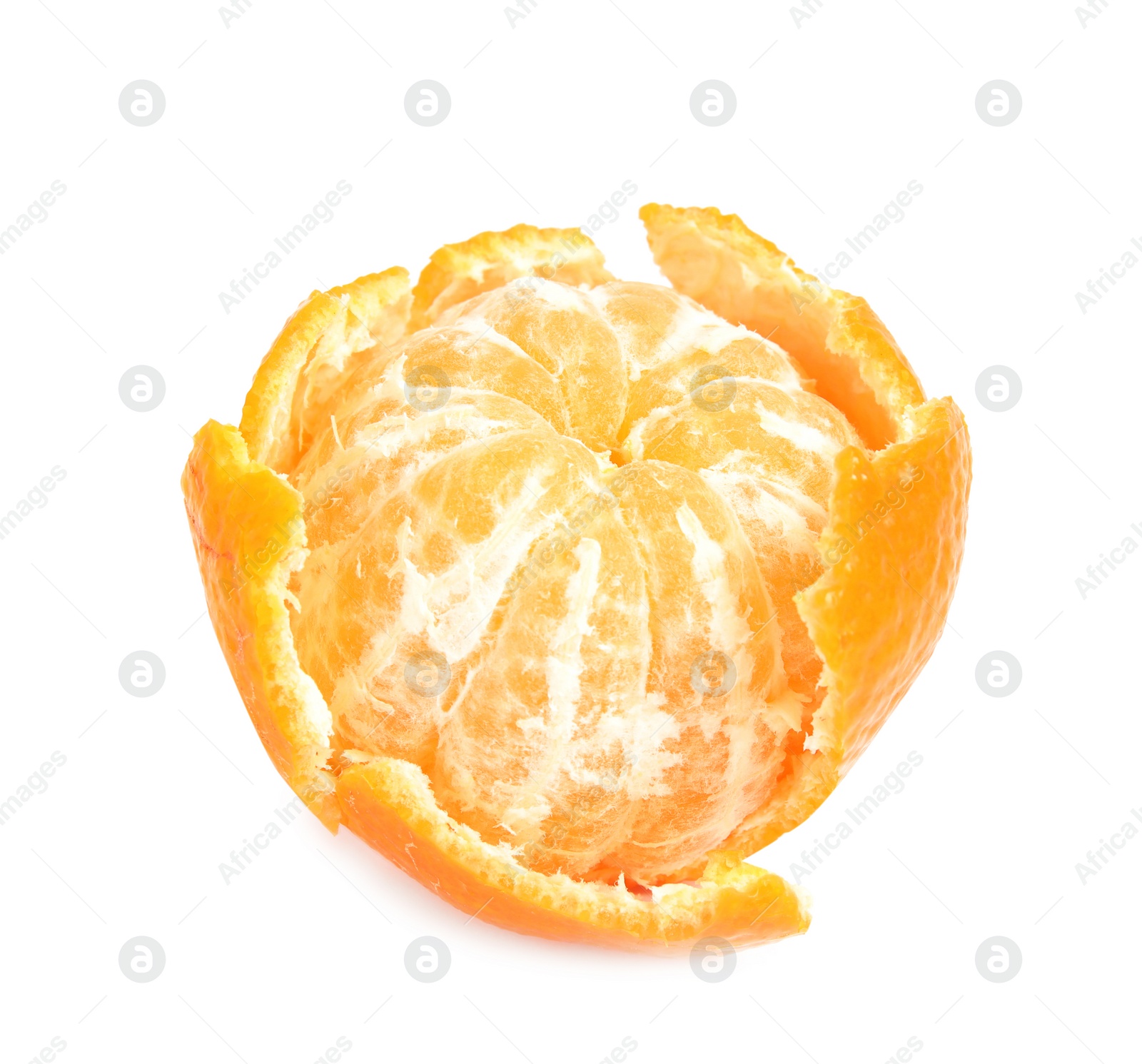 Photo of Peeled ripe tangerine on white background. Citrus fruit