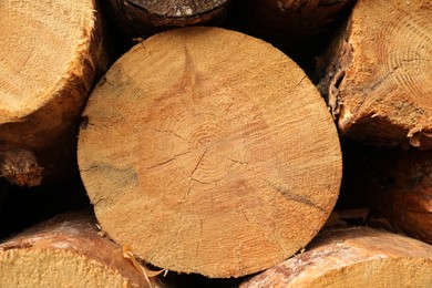 Stacked firewood as background, closeup. Heating in winter