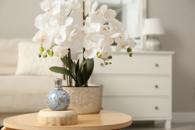Photo of Stylish catalytic lamp with orchid on wooden table in living room, space for text. Cozy interior