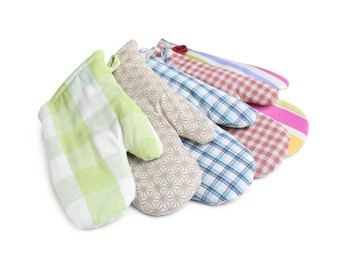 Photo of Set of oven gloves for hot dishes on white background