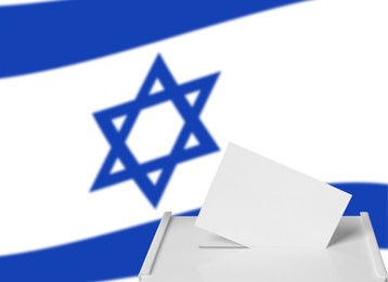 Ballot box with vote against national flag of Israel, space for text