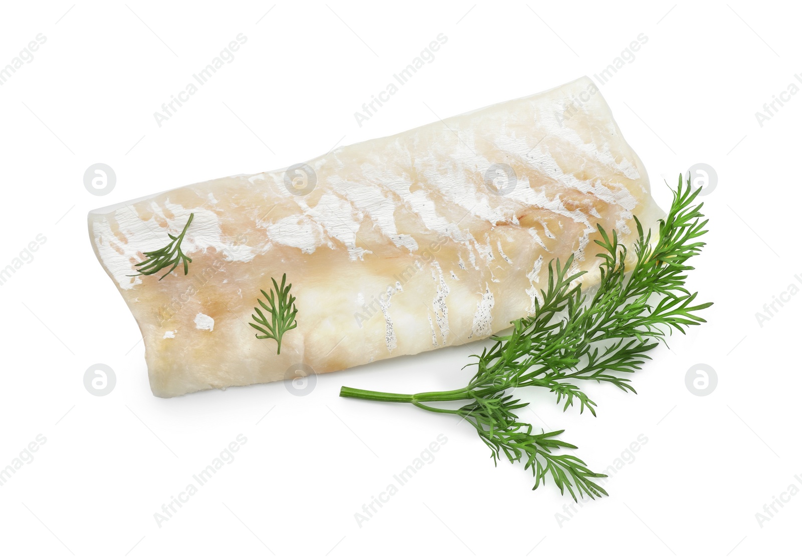 Photo of Fresh raw cod fillet with dill isolated on white