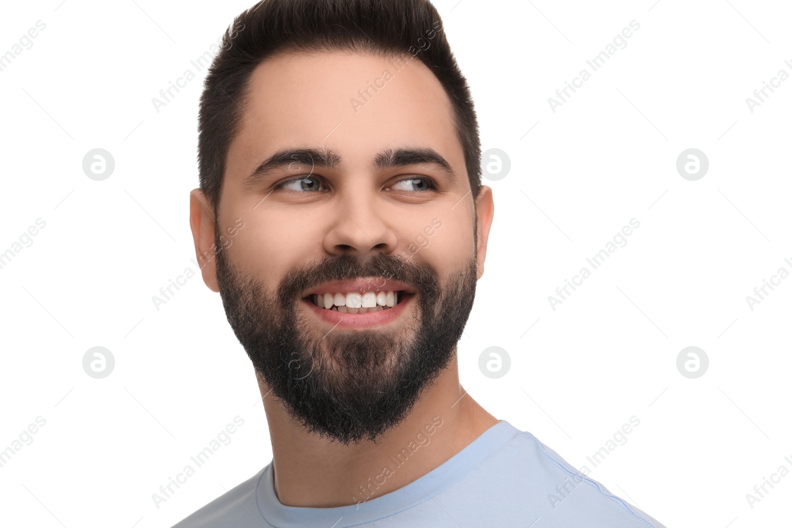 Photo of Man with clean teeth smiling on white background