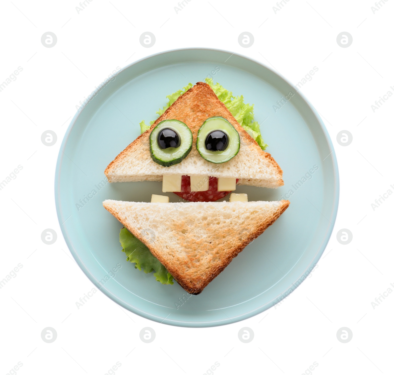 Photo of Cute monster sandwich on white background, top view. Halloween party food