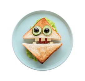 Cute monster sandwich on white background, top view. Halloween party food