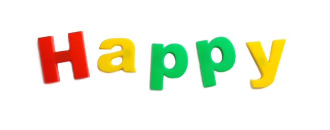 Photo of Word HAPPY of magnetic letters on white background, top view