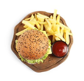 Photo of Burger with delicious patty, french fries and sauce isolated on white, top view