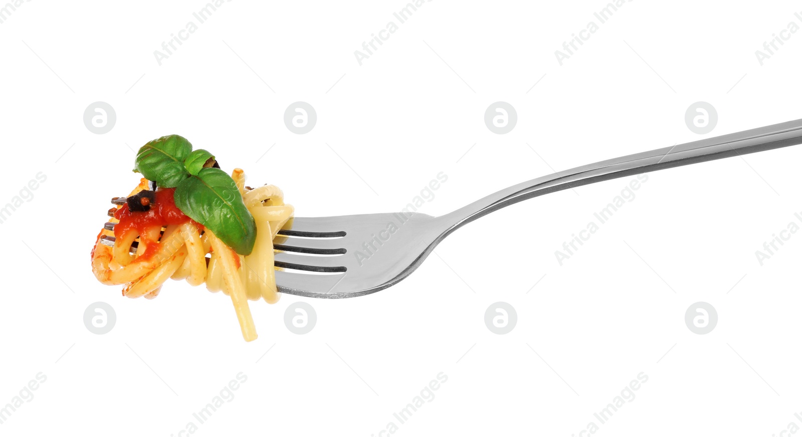 Photo of Fork with tasty pasta, basil and sauce isolated on white