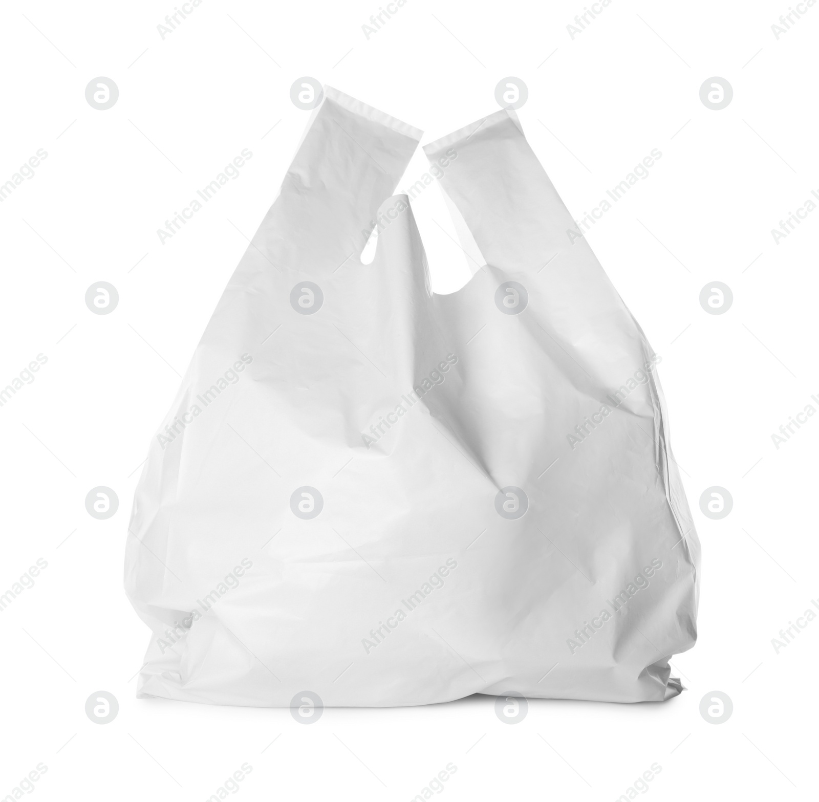 Photo of Blank full plastic bag on white background