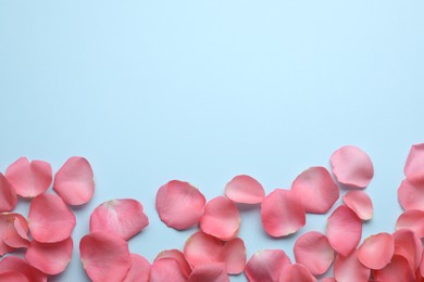 Photo of Beautiful pink rose flower petals on light blue background, flat lay. Space for text