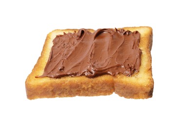 Photo of Piece of fresh toast bread with tasty chocolate paste isolated on white