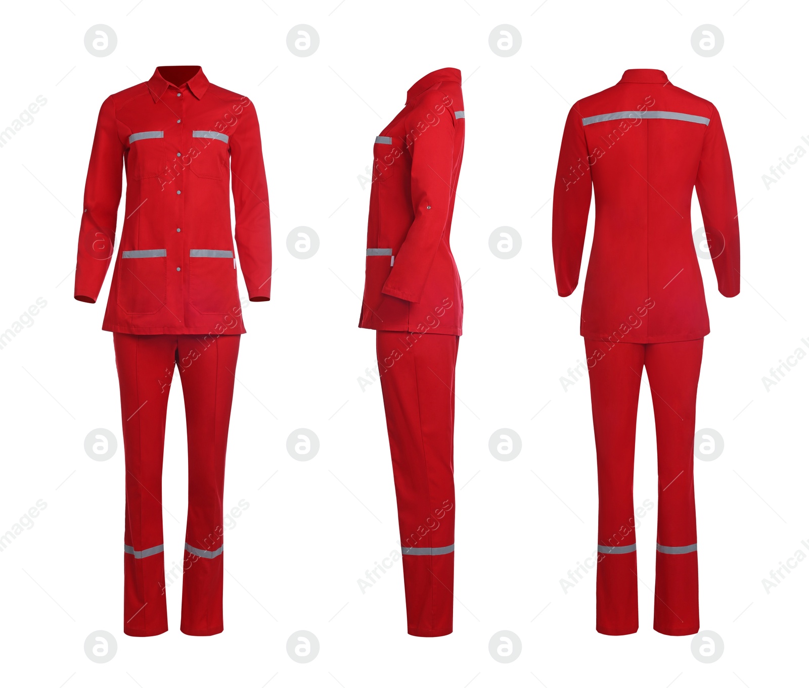 Image of Red medical uniform isolated on white, collage with back, side and front views