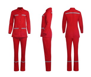 Image of Red medical uniform isolated on white, collage with back, side and front views