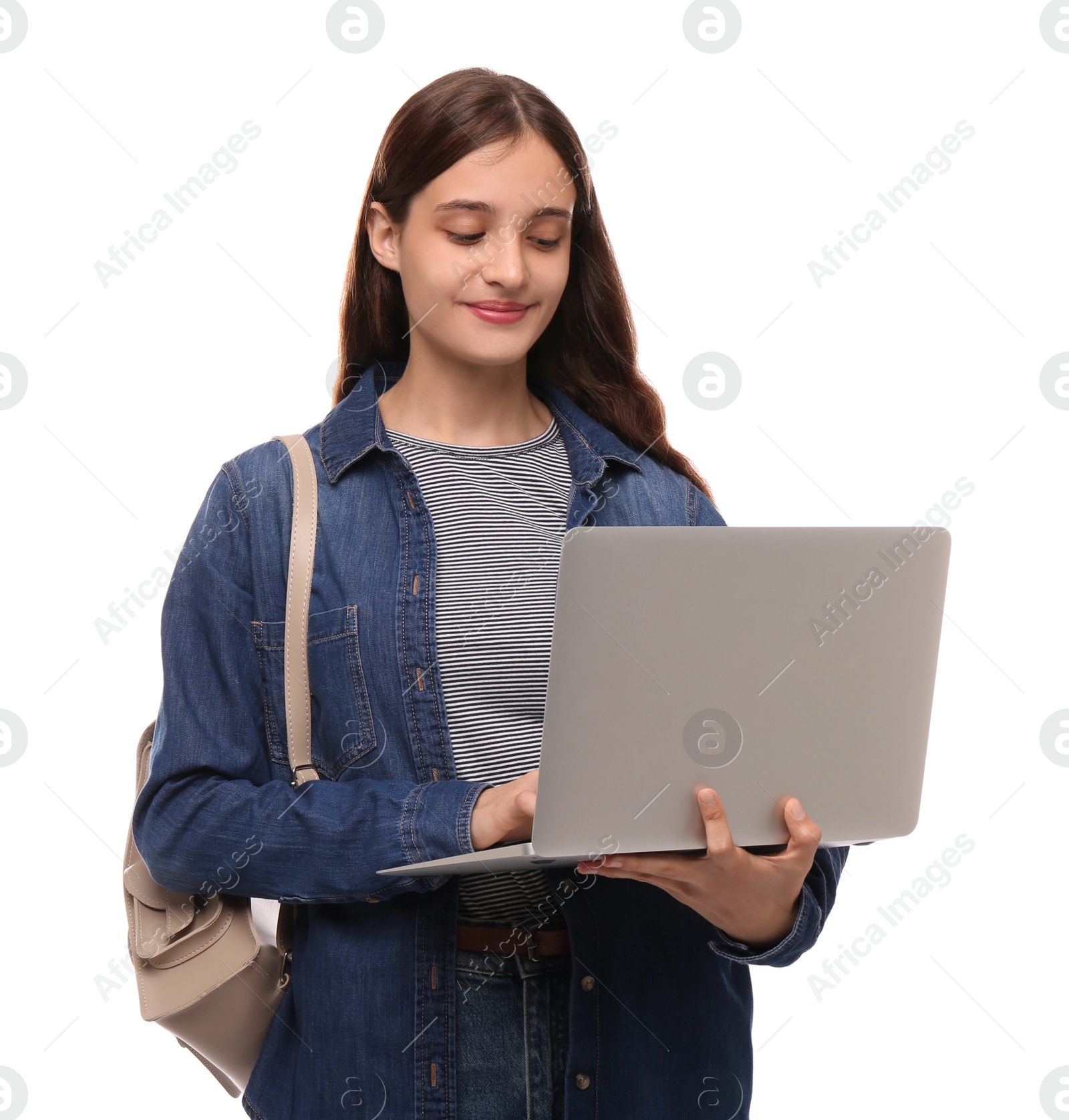 Photo of Teenage student with laptop and backpack on white background