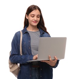 Teenage student with laptop and backpack on white background