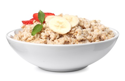 Photo of Tasty boiled oatmeal with strawberry and banana in bowl isolated on white