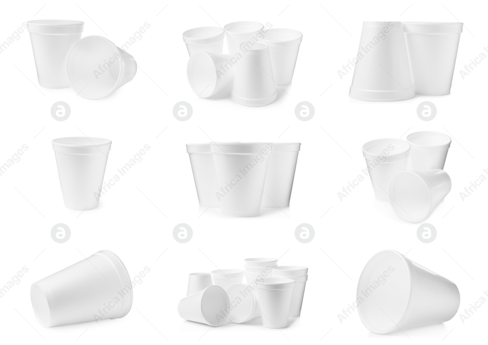 Image of Set with styrofoam cups on white background