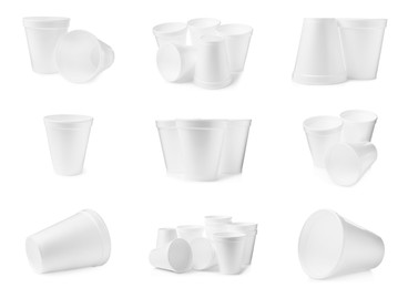 Set with styrofoam cups on white background