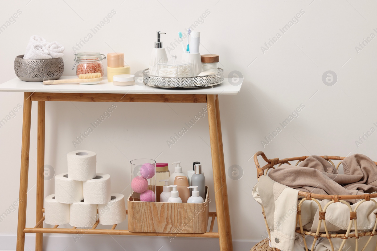 Photo of Different bath accessories and personal care products indoors