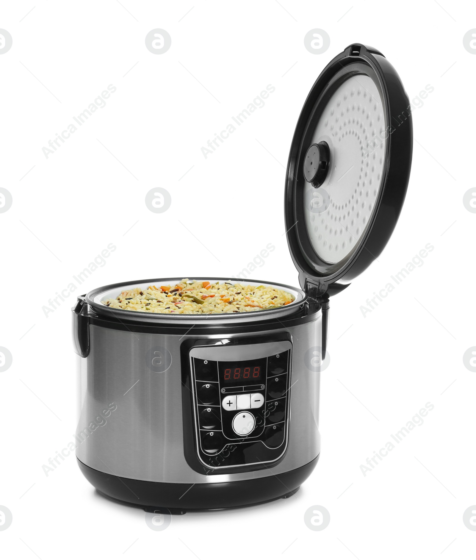 Photo of Delicious rice with vegetables in modern multi cooker on white background