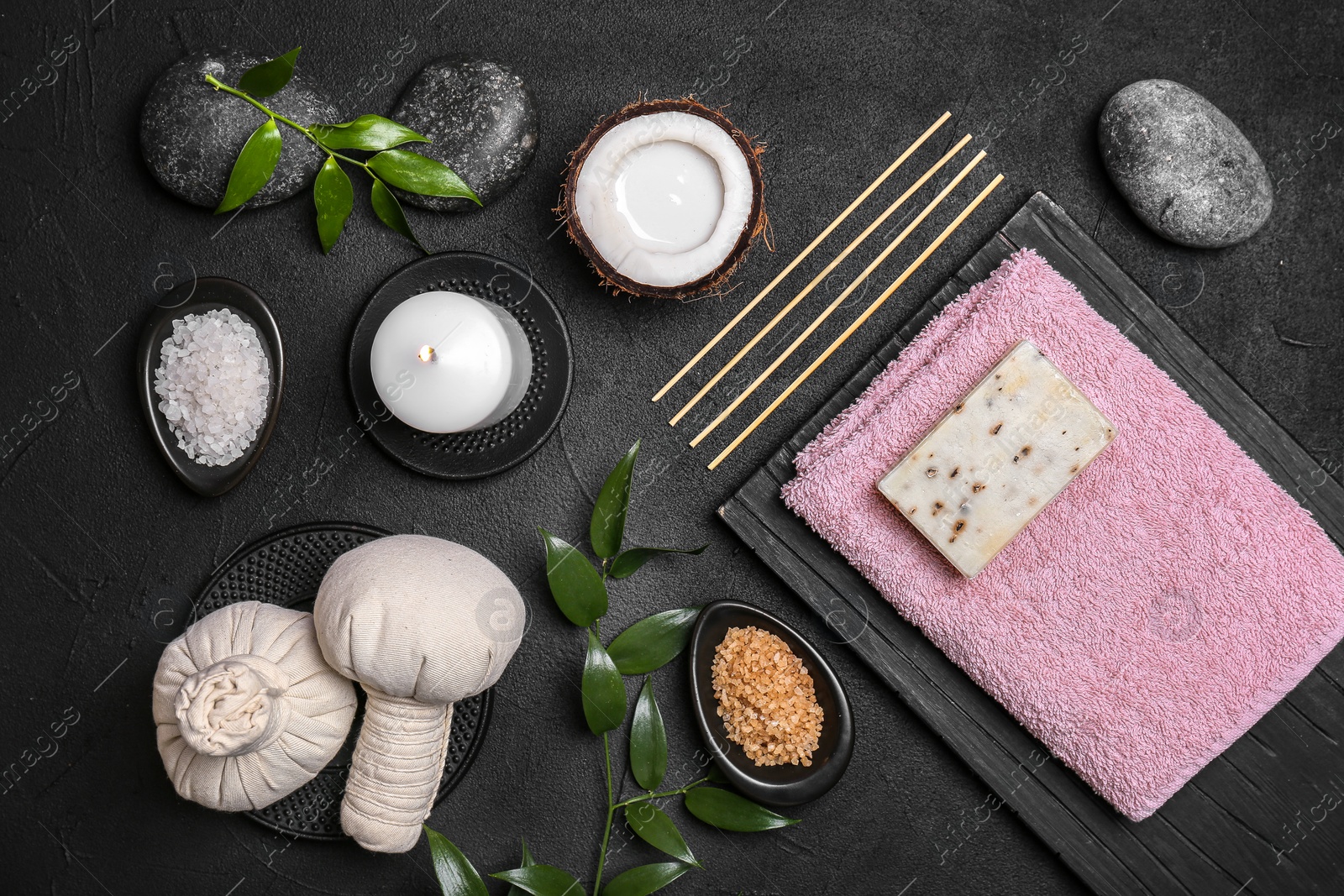 Photo of Beautiful composition with spa cosmetics and accessories on dark background