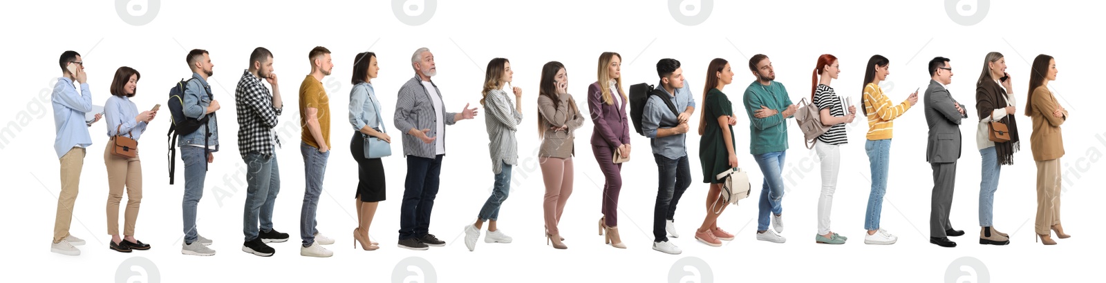 Image of People waiting in queue on white background