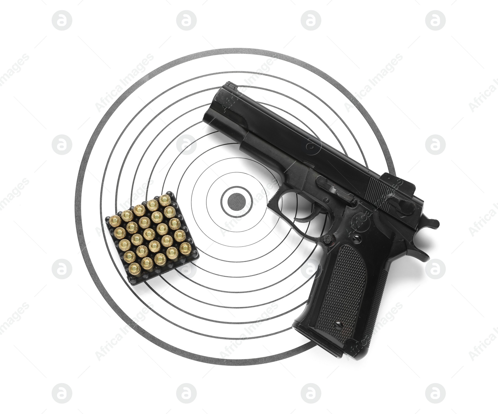 Photo of Shooting target, handgun and bullets isolated on white, top view