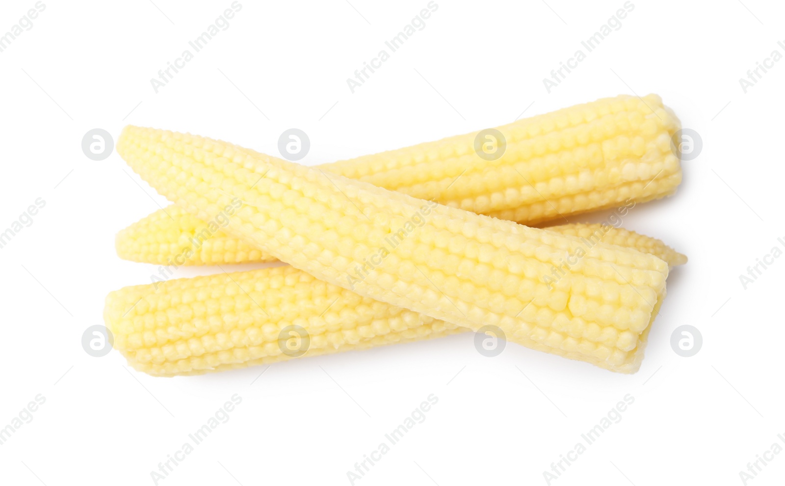 Photo of Tasty fresh baby corns isolated on white, top view