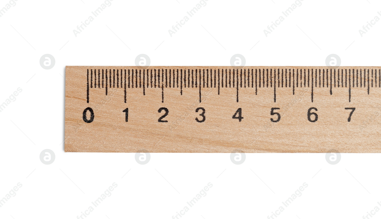 Photo of Wooden ruler with measuring length markings in centimeters isolated on white, top view