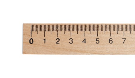 Photo of Wooden ruler with measuring length markings in centimeters isolated on white, top view