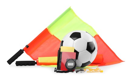 Photo of Football referee equipment. Soccer ball, flags, stopwatch, cards and whistle isolated on white