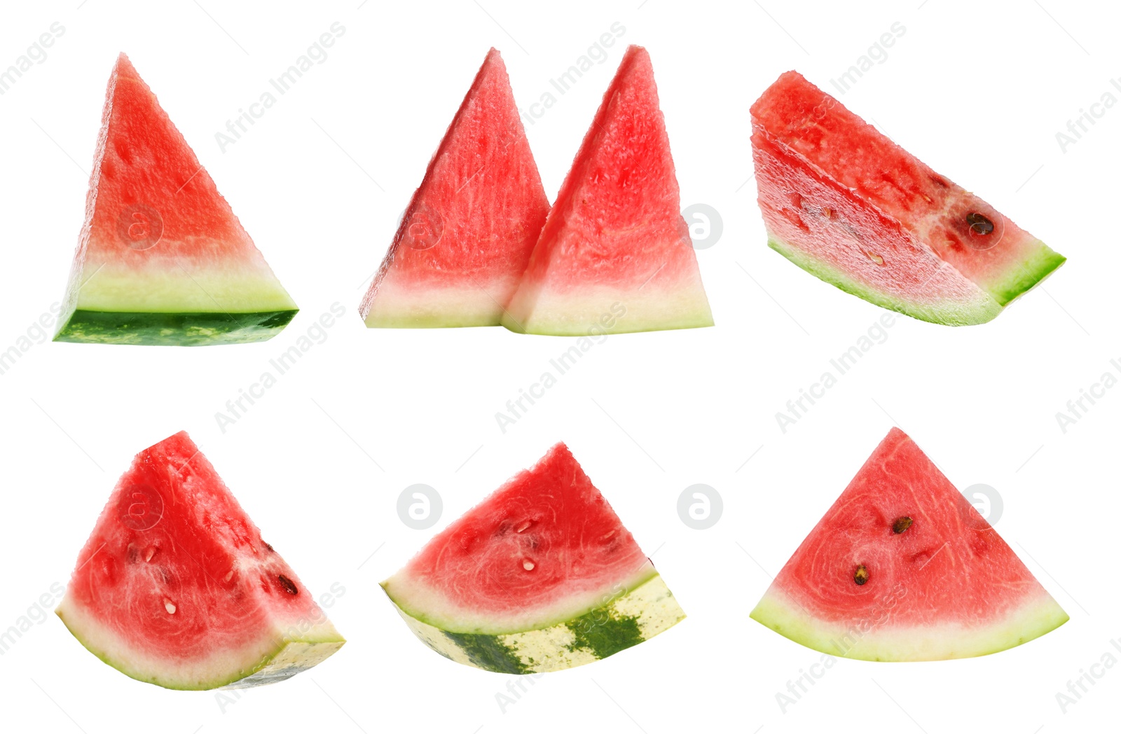 Image of Set of fresh watermelon slices on white background