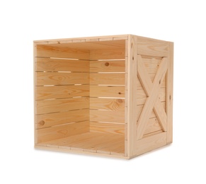 Open new wooden crate isolated on white