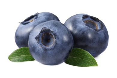 Fresh ripe blueberries and leaves isolated on white