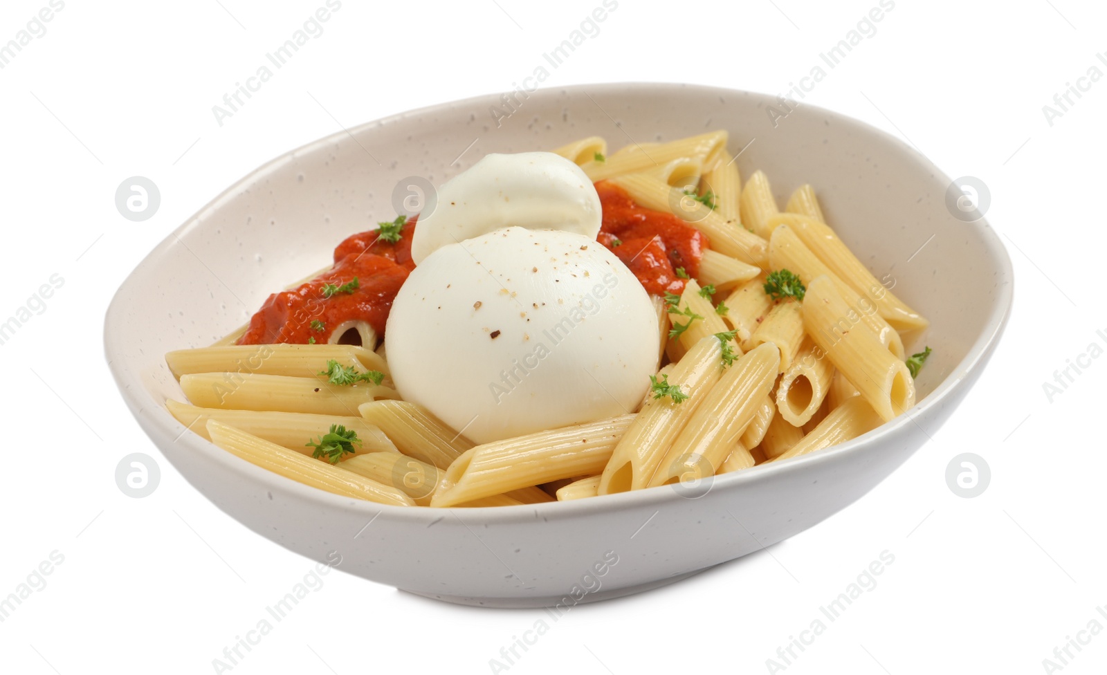 Photo of Delicious pasta with burrata cheese and sauce in bowl isolated on white