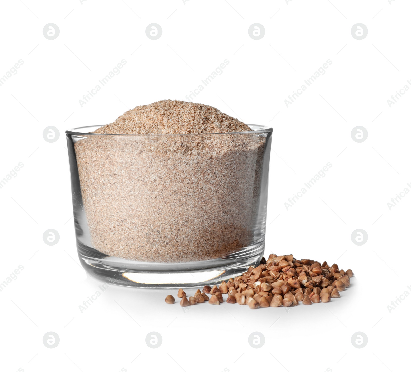 Photo of Bowl of buckwheat flour and kernels isolated on white