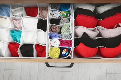 Organizers with beautiful women's underwear in drawer, top view