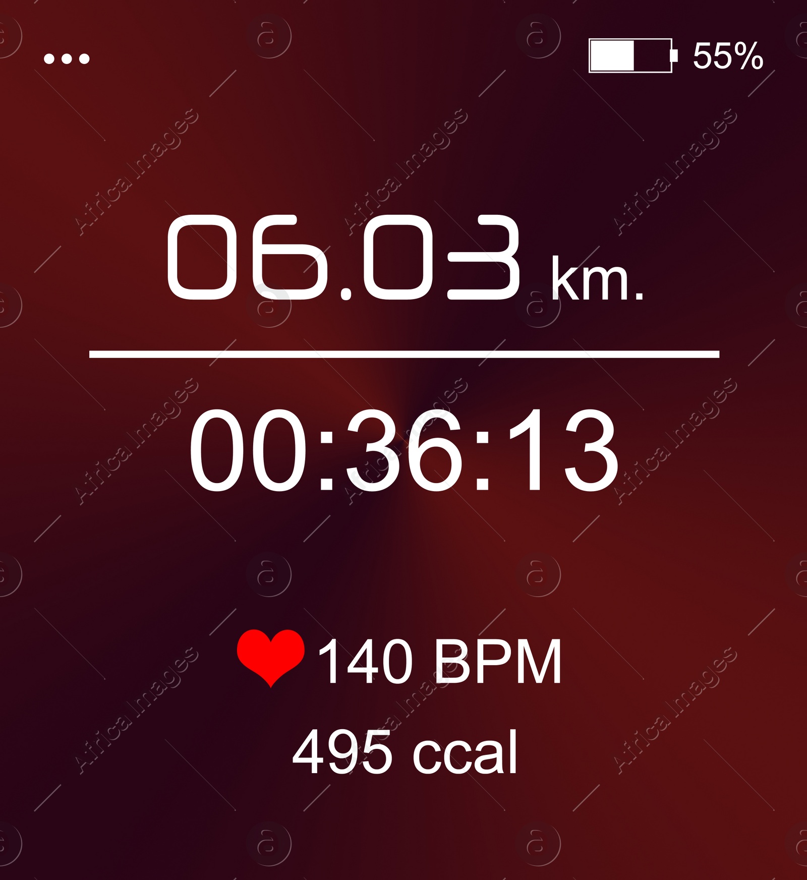 Illustration of Smart watch displaying time interval, distance, heart rate and burnt calories amount in fitness monitor app