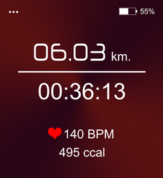Illustration of Smart watch displaying time interval, distance, heart rate and burnt calories amount in fitness monitor app