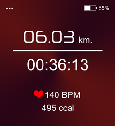 Smart watch displaying time interval, distance, heart rate and burnt calories amount in fitness monitor app